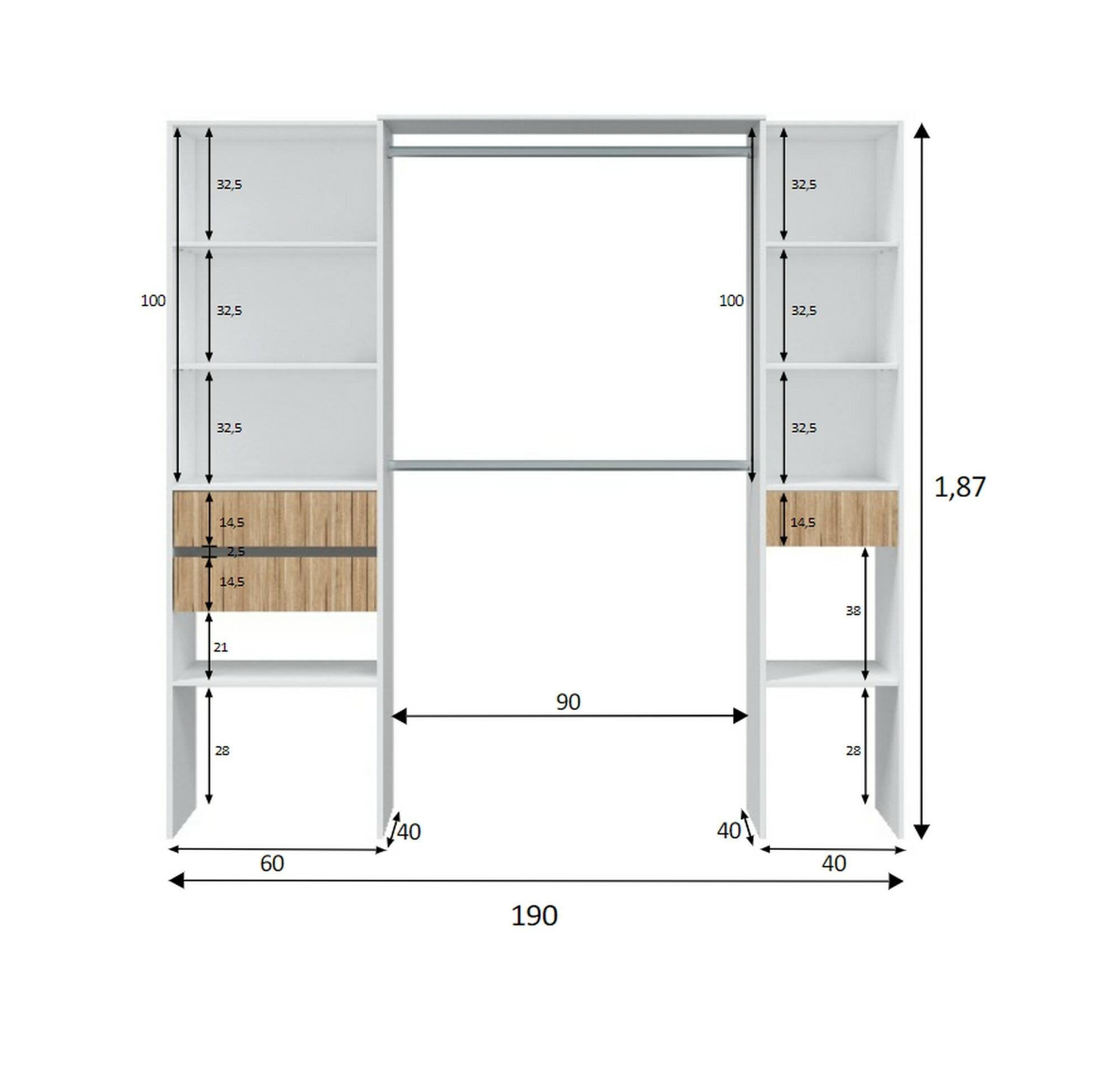 Guardaroba Ary, Mobile camera da letto, Armadio appendiabiti con ripiani e 3 cassetti, 196x40h187 cm, Bianco e Rovere