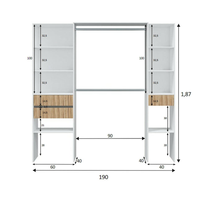 Guardaroba Ary, Mobile camera da letto, Armadio appendiabiti con ripiani e 3 cassetti, 196x40h187 cm, Bianco e Rovere