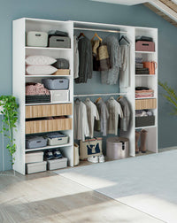 Guardaroba Ary, Mobile camera da letto, Armadio appendiabiti con ripiani e 3 cassetti, 196x40h187 cm, Bianco e Rovere