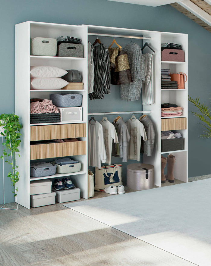 Guardaroba Ary, Mobile camera da letto, Armadio appendiabiti con ripiani e 3 cassetti, 196x40h187 cm, Bianco e Rovere