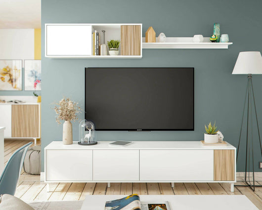 Mobile porta TV Banari, Armadietto soggiorno con ante, Armadio pensile con mensola, Credenza multiuso, 200x40h47 cm, Bianco e Rovere