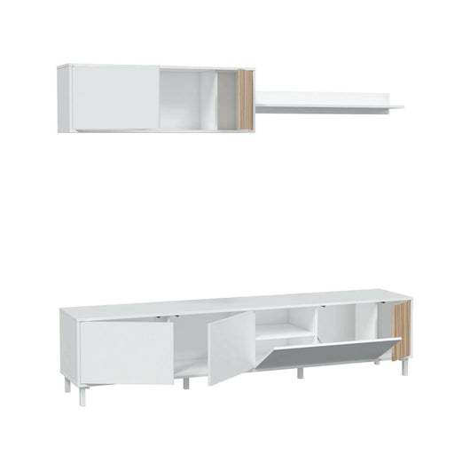 Mobile porta TV Banari, Armadietto soggiorno con ante, Armadio pensile con mensola, Credenza multiuso, 200x40h47 cm, Bianco e Rovere