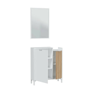 Mobile da ingresso Alambicco, Entratina a 2 ante, Armadio con specchio, Portaoggetti multifunzione, 77x24h91 cm, Bianco e Rovere