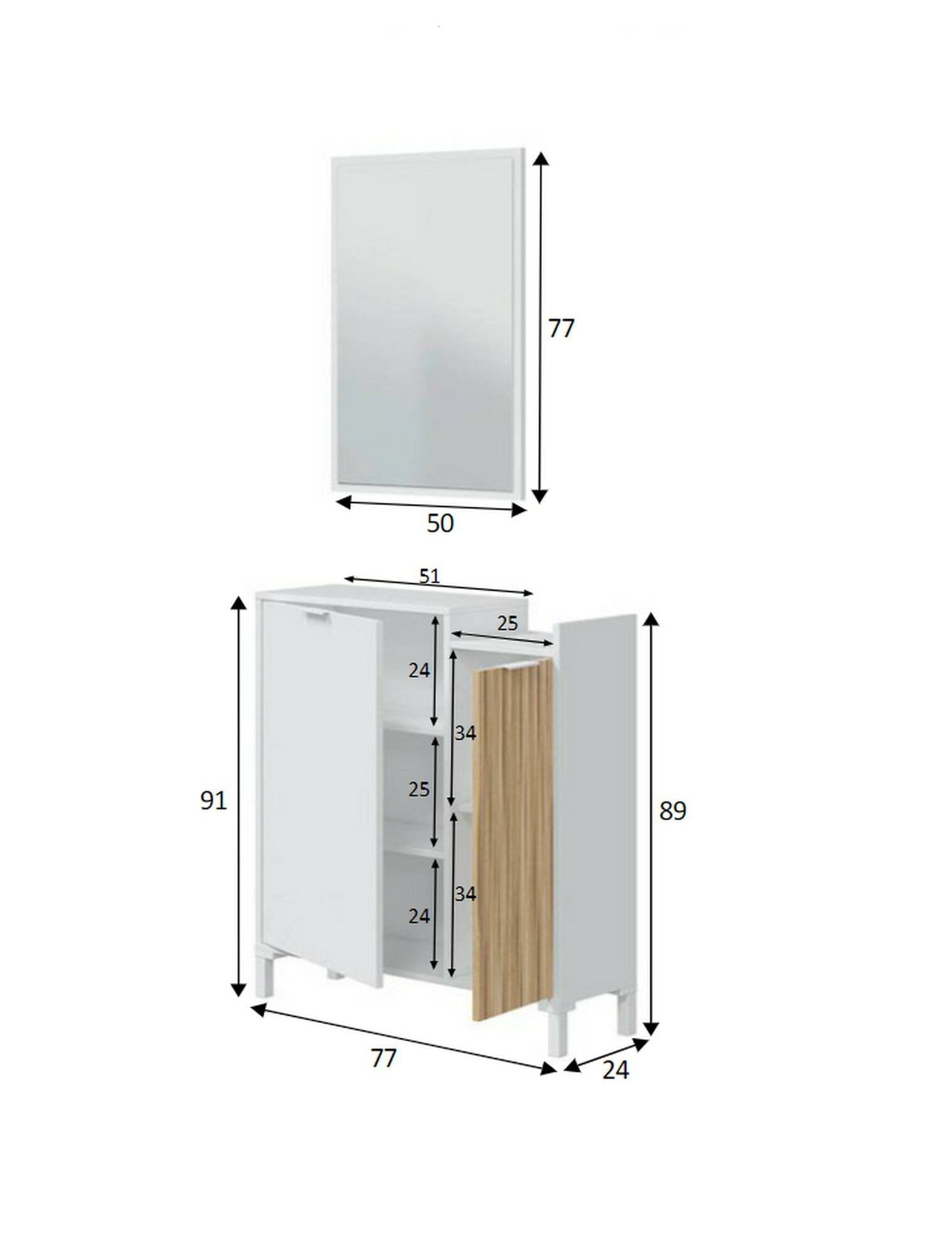Mobile da ingresso Alambicco, Entratina a 2 ante, Armadio con specchio, Portaoggetti multifunzione, 77x24h91 cm, Bianco e Rovere