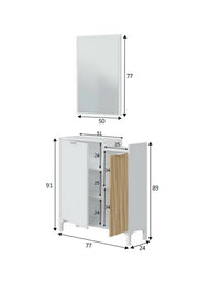Mobile da ingresso Alambicco, Entratina a 2 ante, Armadio con specchio, Portaoggetti multifunzione, 77x24h91 cm, Bianco e Rovere
