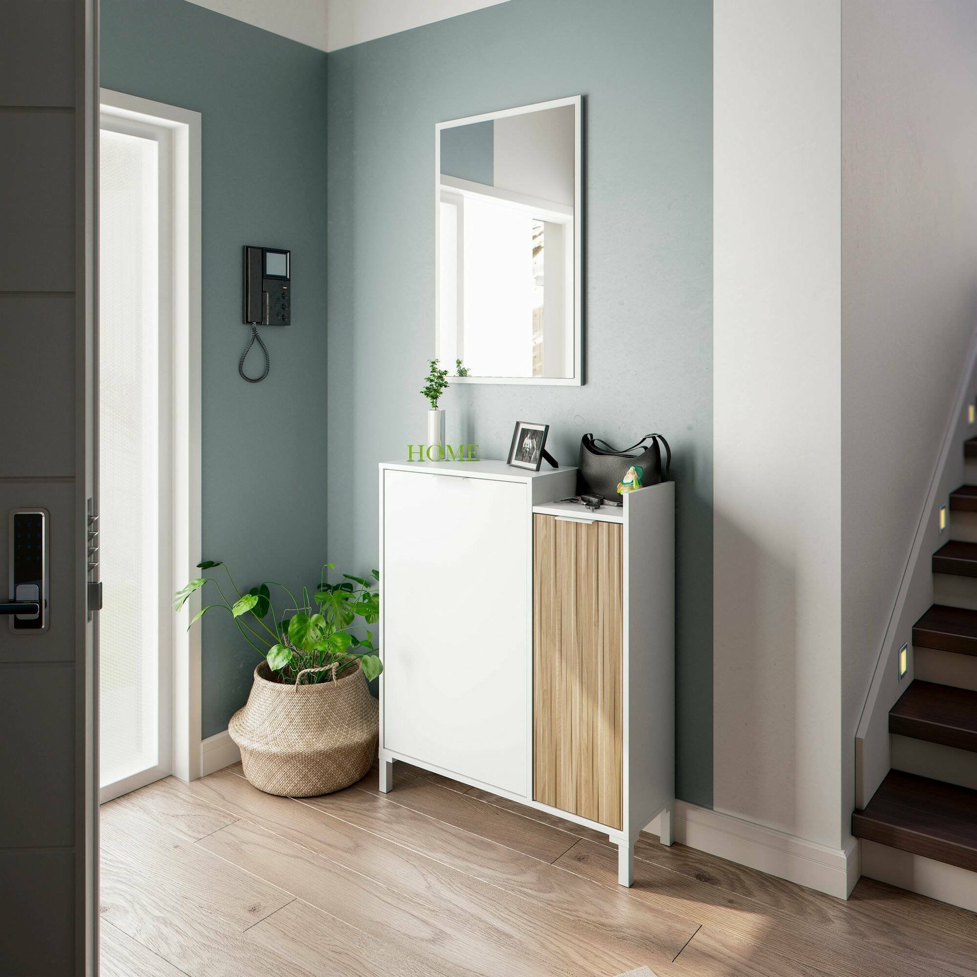 Mobile da ingresso Alambicco, Entratina a 2 ante, Armadio con specchio, Portaoggetti multifunzione, 77x24h91 cm, Bianco e Rovere