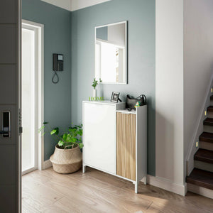 Mobile da ingresso Alambicco, Entratina a 2 ante, Armadio con specchio, Portaoggetti multifunzione, 77x24h91 cm, Bianco e Rovere