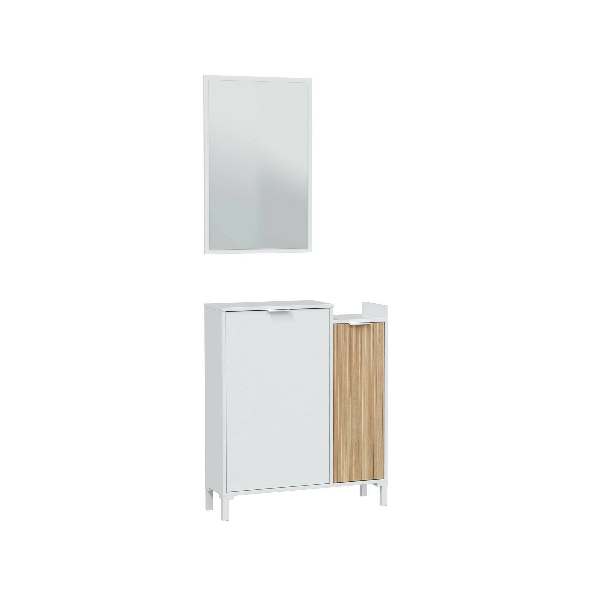 Mobile da ingresso Alambicco, Entratina a 2 ante, Armadio con specchio, Portaoggetti multifunzione, 77x24h91 cm, Bianco e Rovere