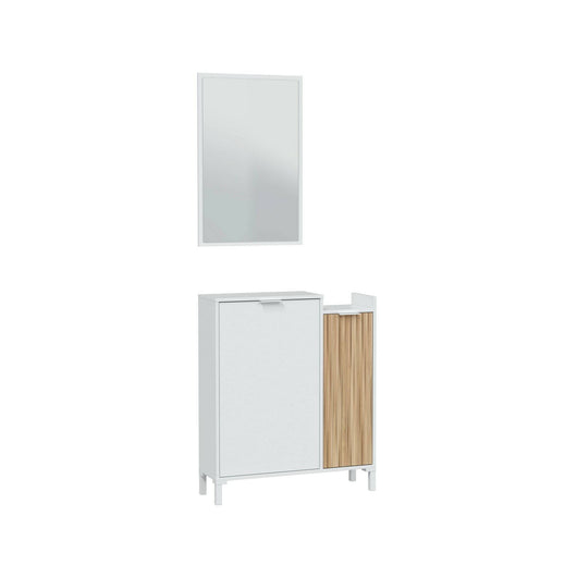 Mobile da ingresso Alambicco, Entratina a 2 ante, Armadio con specchio, Portaoggetti multifunzione, 77x24h91 cm, Bianco e Rovere