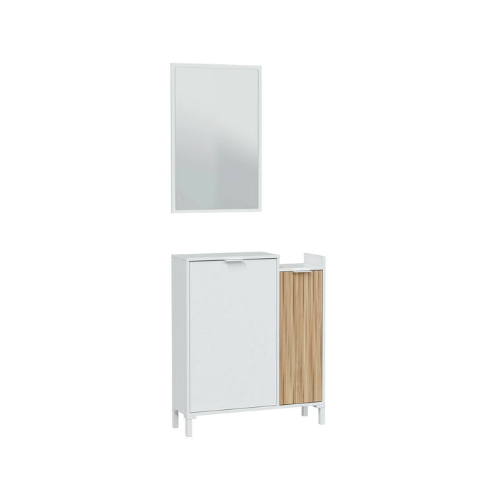 Mobile da ingresso Alambicco, Entratina a 2 ante, Armadio con specchio, Portaoggetti multifunzione, 77x24h91 cm, Bianco e Rovere
