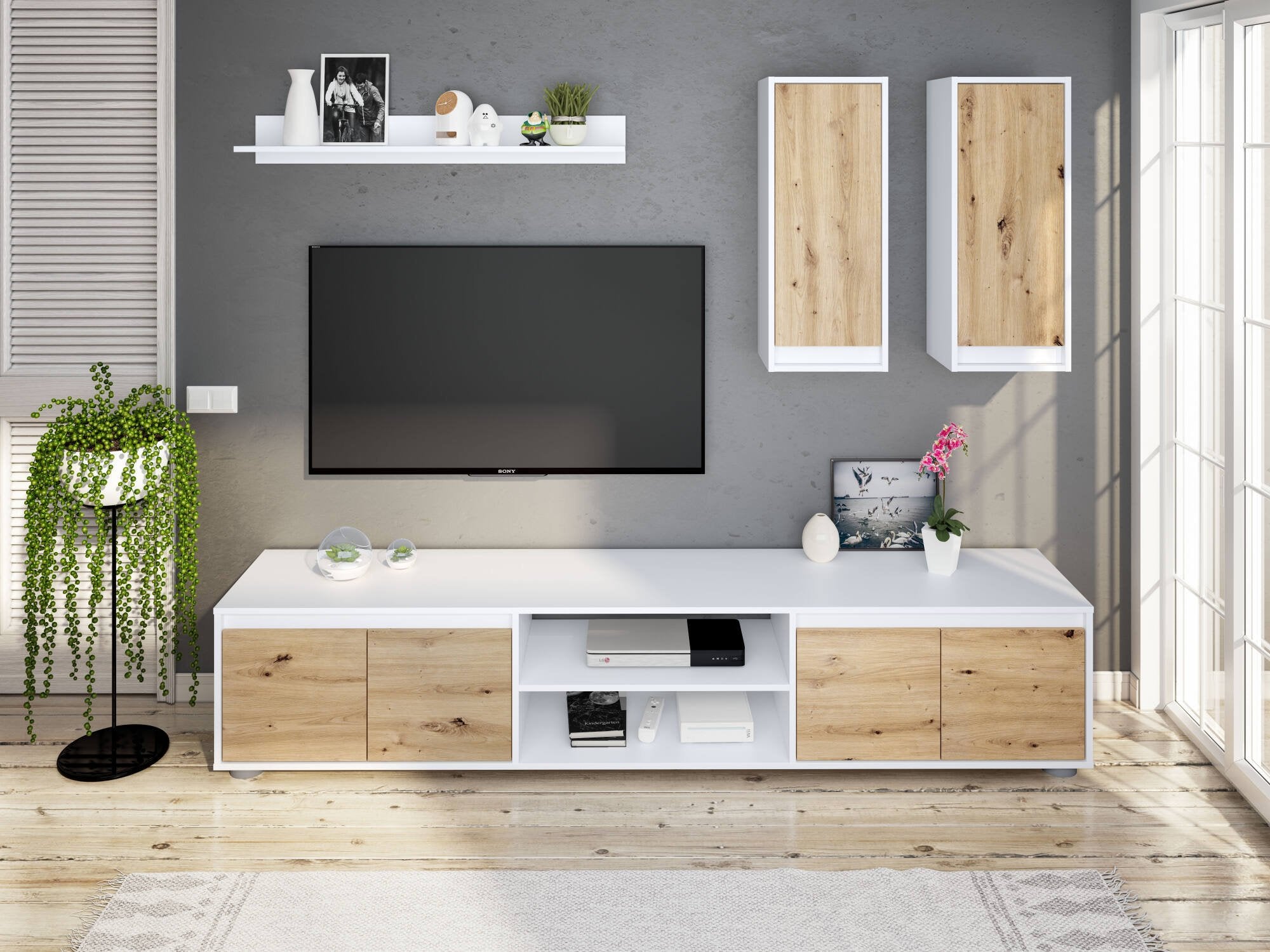 Parete attrezzata Astulo, Set da soggiorno, Mobile salotto multiuso, Composizione per salotto moderno, 200x40h114 cm, Bianco e Rovere