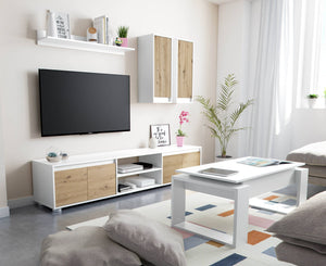 Parete attrezzata Astulo, Set da soggiorno, Mobile salotto multiuso, Composizione per salotto moderno, 200x40h114 cm, Bianco e Rovere