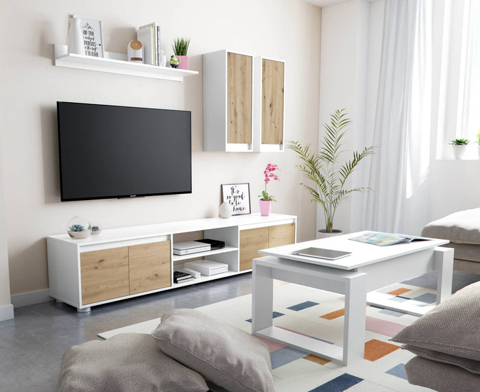 Parete attrezzata Astulo, Set da soggiorno, Mobile salotto multiuso, Composizione per salotto moderno, 200x40h114 cm, Bianco e Rovere