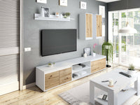 Parete attrezzata Astulo, Set da soggiorno, Mobile salotto multiuso, Composizione per salotto moderno, 200x40h114 cm, Bianco e Rovere