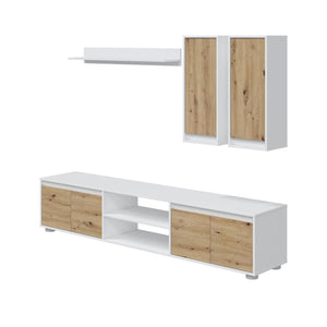 Parete attrezzata Astulo, Set da soggiorno, Mobile salotto multiuso, Composizione per salotto moderno, 200x40h114 cm, Bianco e Rovere