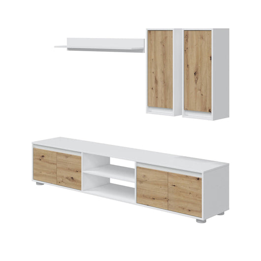 Parete attrezzata Astulo, Set da soggiorno, Mobile salotto multiuso, Composizione per salotto moderno, 200x40h114 cm, Bianco e Rovere