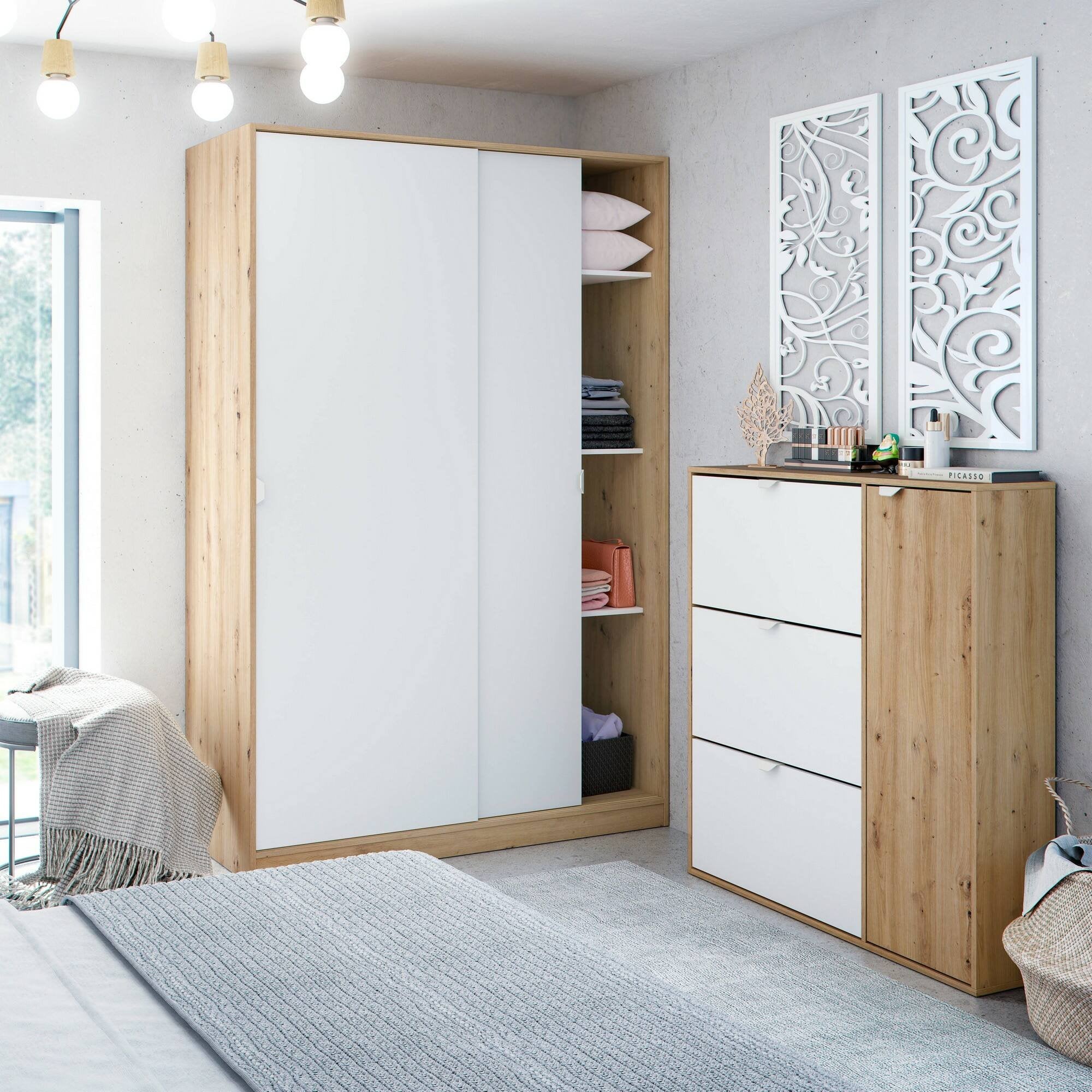 Scarpiera Anuk, Scarpiera da ingresso a 4 ante, Armadio portascarpe salvaspazio, 105x24h112 cm, Bianco e Rovere