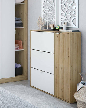 Scarpiera Anuk, Scarpiera da ingresso a 4 ante, Armadio portascarpe salvaspazio, 105x24h112 cm, Bianco e Rovere