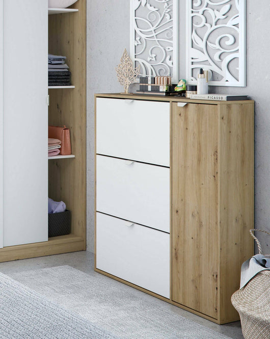 Scarpiera Anuk, Scarpiera da ingresso a 4 ante, Armadio portascarpe salvaspazio, 105x24h112 cm, Bianco e Rovere