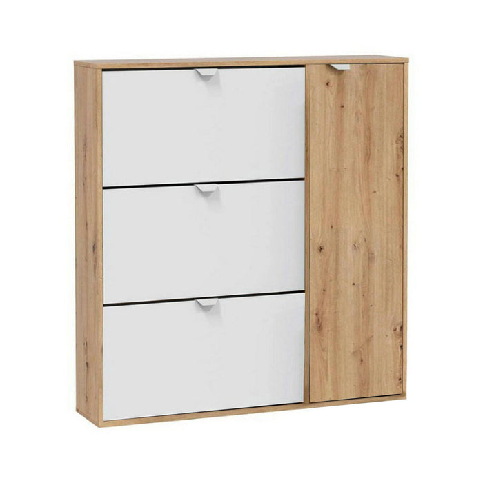 Scarpiera Anuk, Scarpiera da ingresso a 4 ante, Armadio portascarpe salvaspazio, 105x24h112 cm, Bianco e Rovere