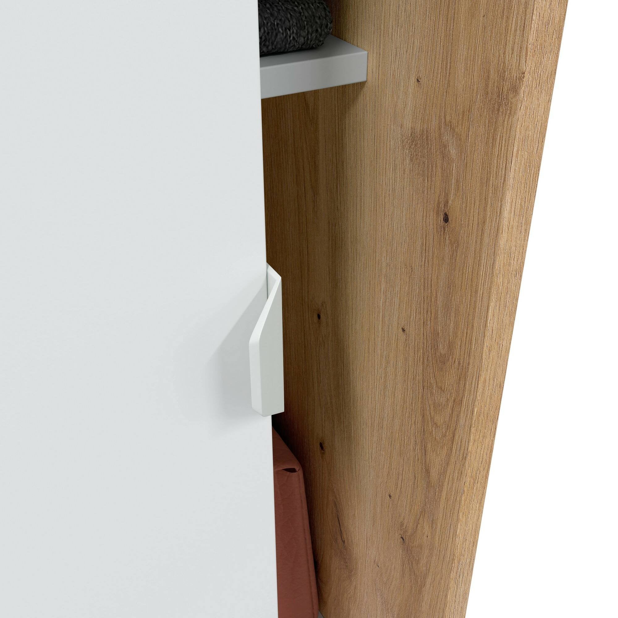 Guardaroba Adrenalin, Armadio per camera da letto a 2 ante scorrevoli, Mobile con 3 ripiani e barra appendiabiti, 120x50h200 cm, Bianco e Rovere Nodi