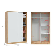 Guardaroba Adrenalin, Armadio per camera da letto a 2 ante scorrevoli, Mobile con 3 ripiani e barra appendiabiti, 120x50h200 cm, Bianco e Rovere Nodi