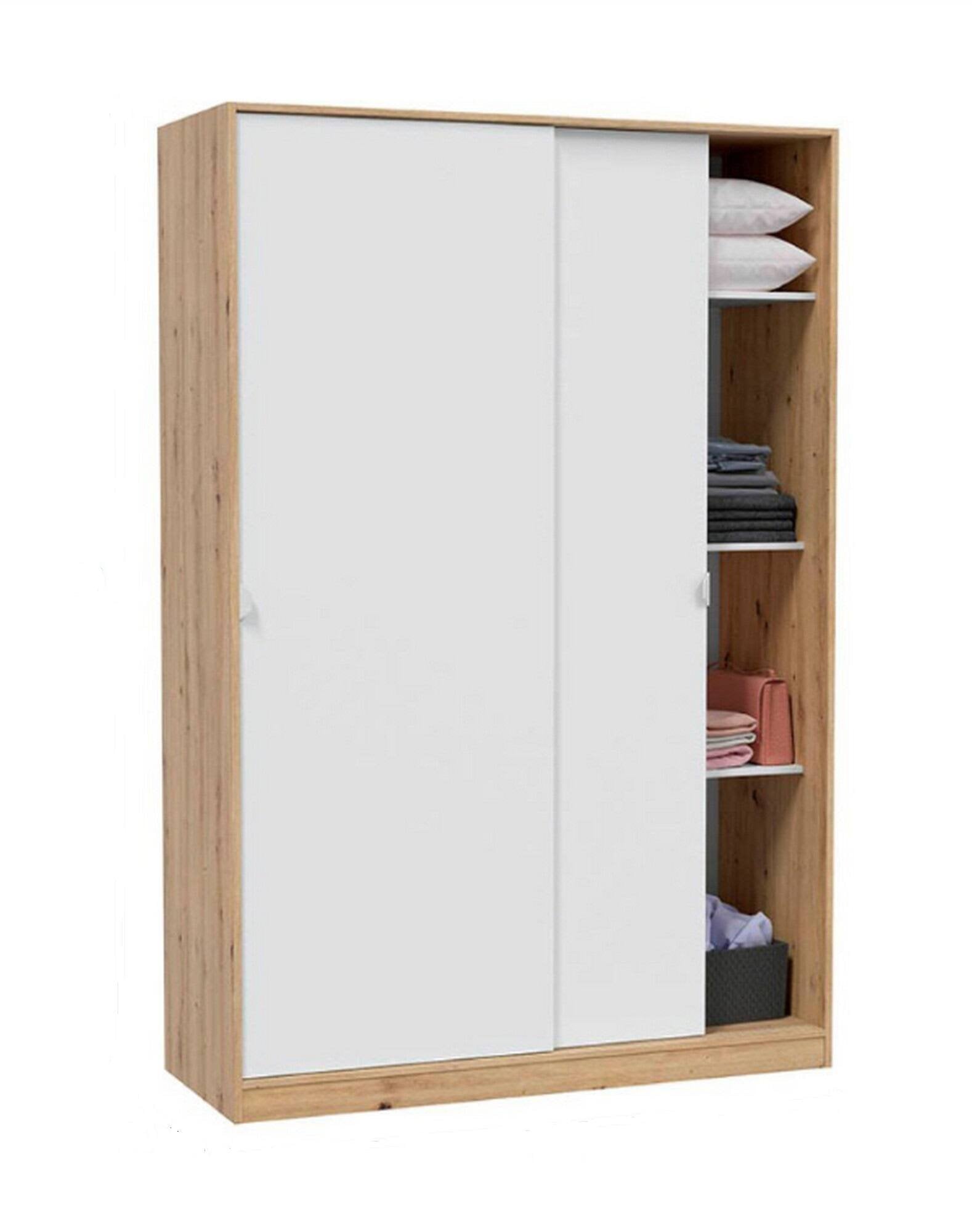 Guardaroba Adrenalin, Armadio per camera da letto a 2 ante scorrevoli, Mobile con 3 ripiani e barra appendiabiti, 120x50h200 cm, Bianco e Rovere Nodi