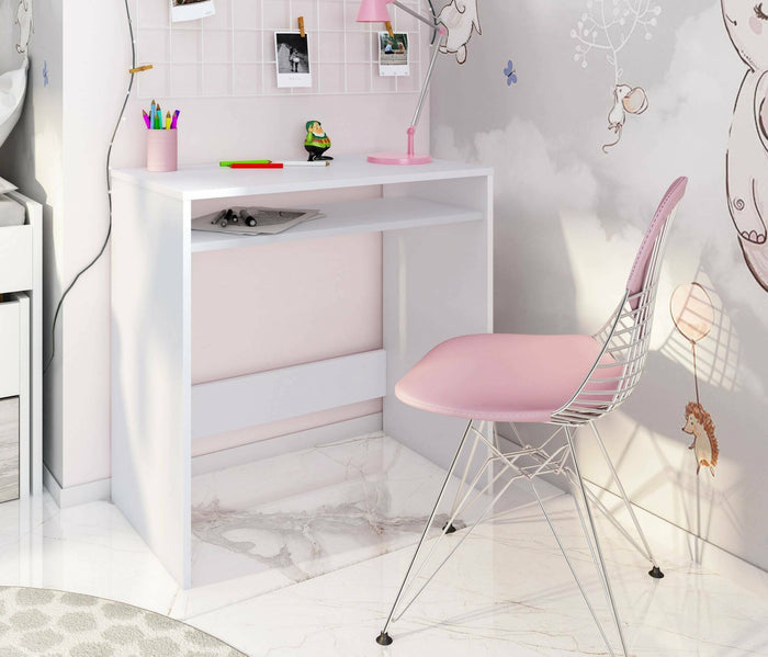 Scrivania Acu, Scrittoio lineare con ripiano fisso, Tavolo da studio o ufficio porta PC, 79x43h78 cm, Bianco