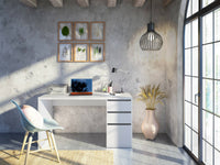 Scrivania Alko, Scrittoio reversibile con 3 cassetti, Tavolo ufficio salvaspazio multiposizione, 138x60h74 cm, Bianco