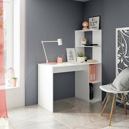 Scrivania Abba, Scrittoio lineare con libreria, Tavolo ufficio multiuso salvaspazio, 110x50h136 cm, Bianco