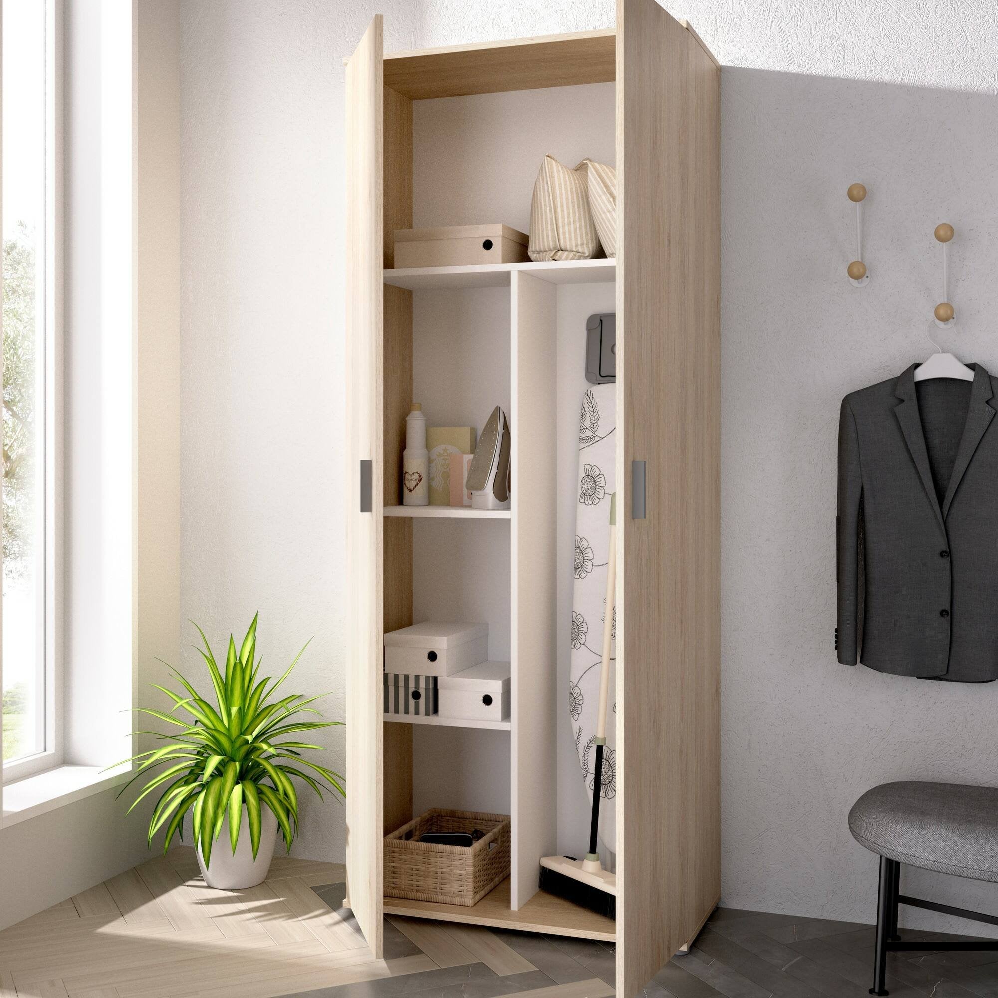 Armadio multiuso Arna, Mobile multifunzione portascope, Guardaroba a 2 ante, 78x35h190 cm, Rovere