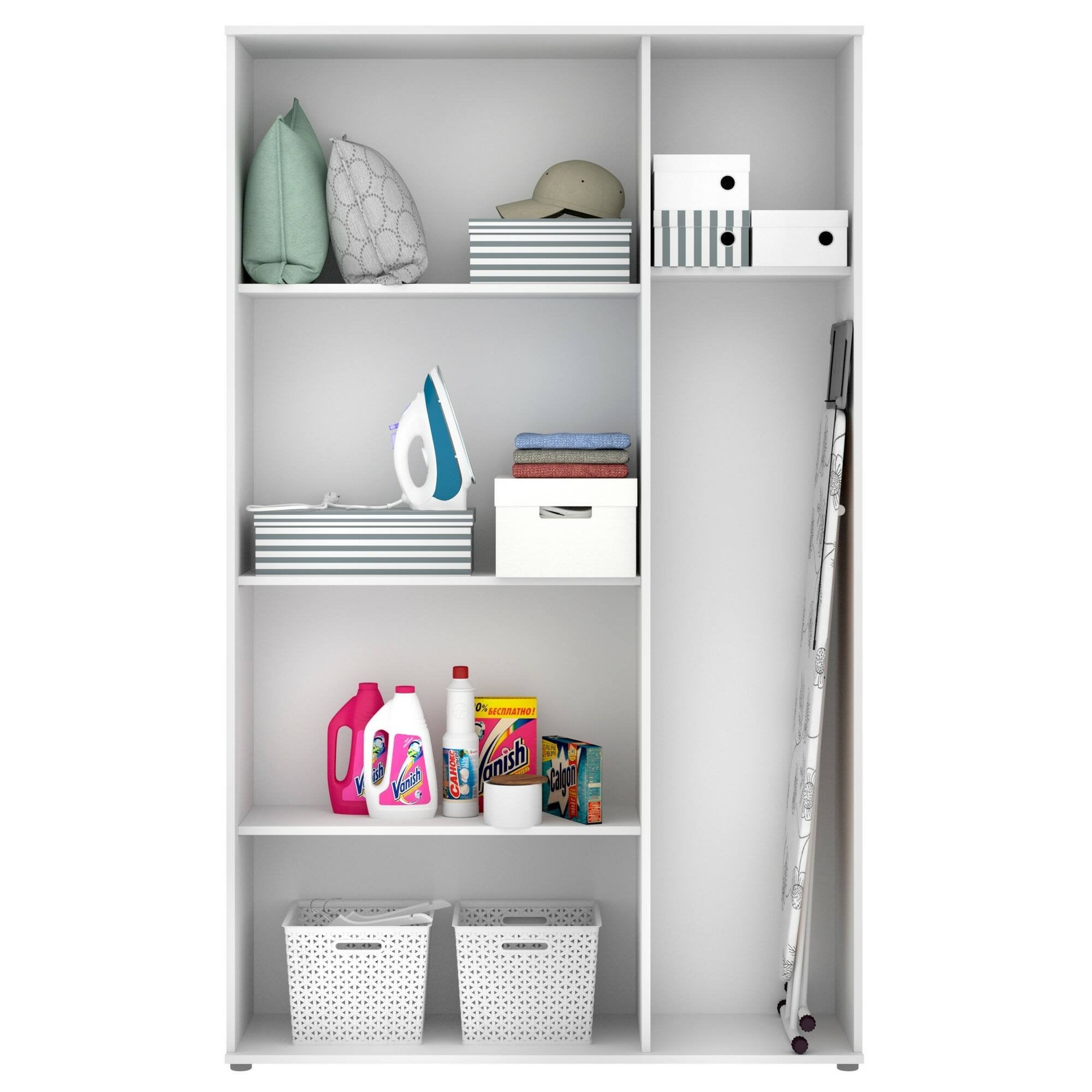 Armadio multiuso Aniello, Mobile multifunzione portascope, Guardaroba a 3 ante, 116x35h190 cm, Bianco