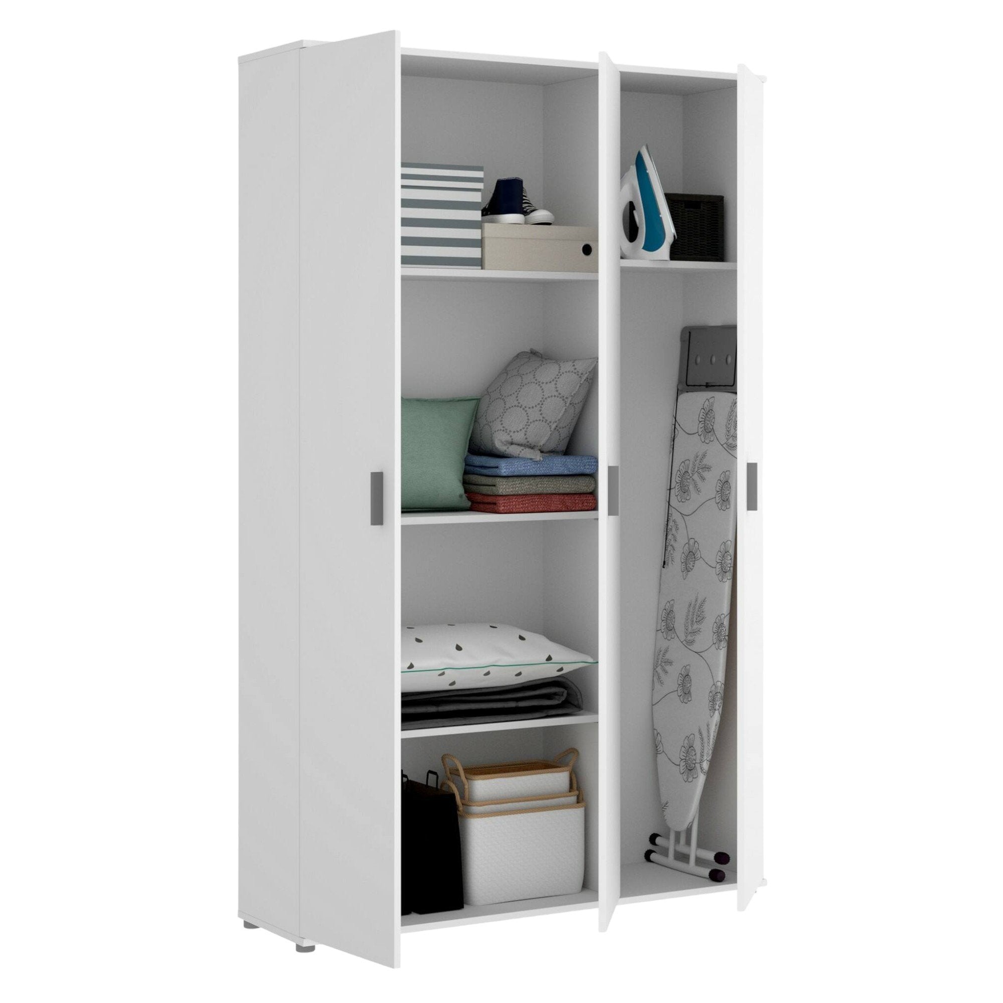 Armadio multiuso Aniello, Mobile multifunzione portascope, Guardaroba a 3 ante, 116x35h190 cm, Bianco