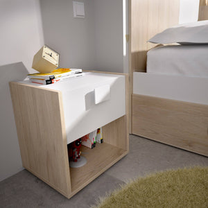 Comodino Artica, Tavolino da notte, ComÒ² basso a 1 cassetto, 40x33h42 cm, Bianco e Rovere