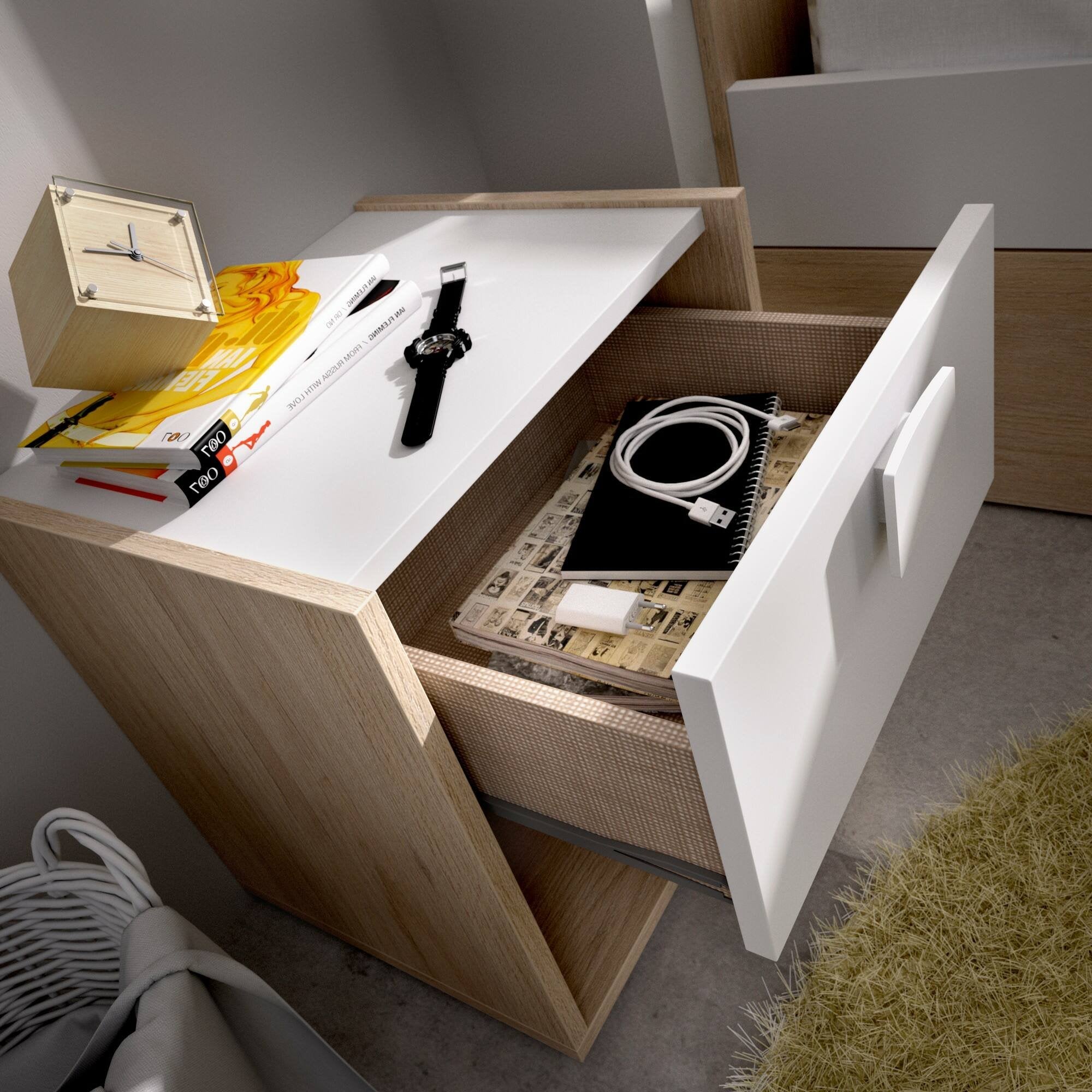 Comodino Artica, Tavolino da notte, ComÒ² basso a 1 cassetto, 40x33h42 cm, Bianco e Rovere