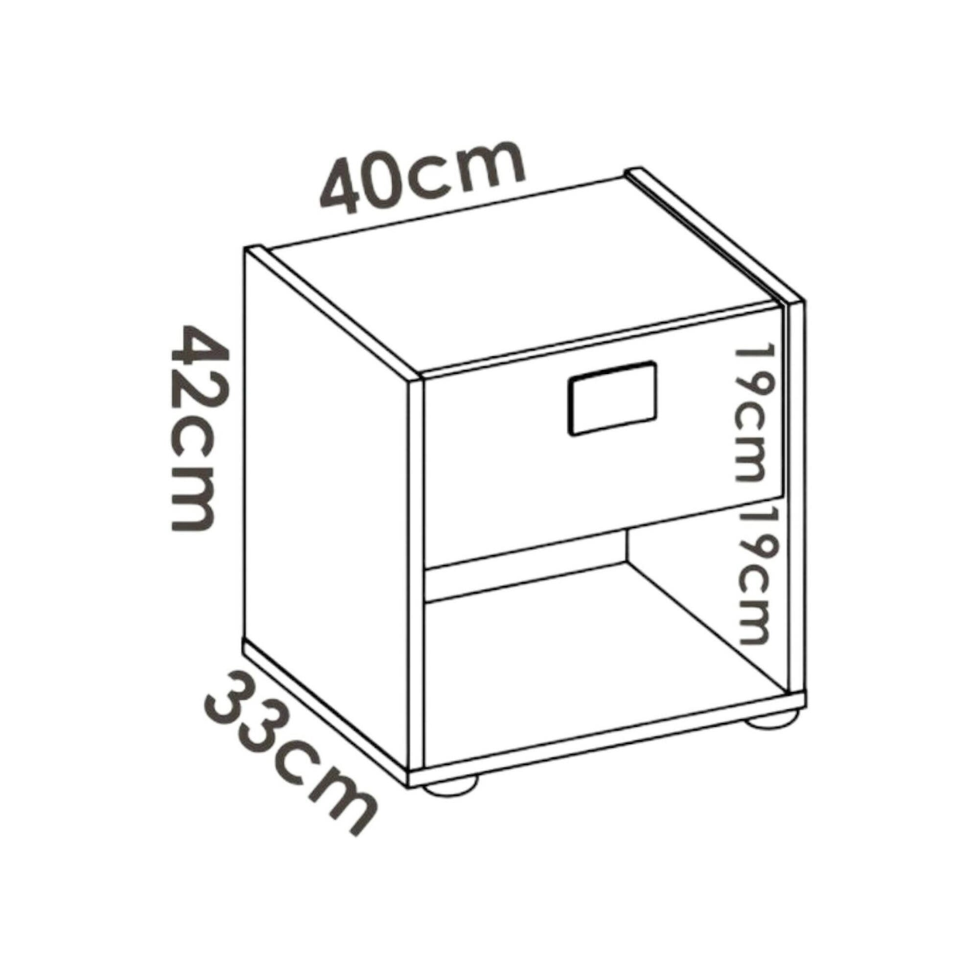 Comodino Artica, Tavolino da notte, ComÒ² basso a 1 cassetto, 40x33h42 cm, Bianco e Rovere