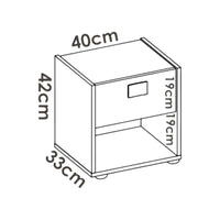 Comodino Artica, Tavolino da notte, ComÒ² basso a 1 cassetto, 40x33h42 cm, Bianco e Rovere