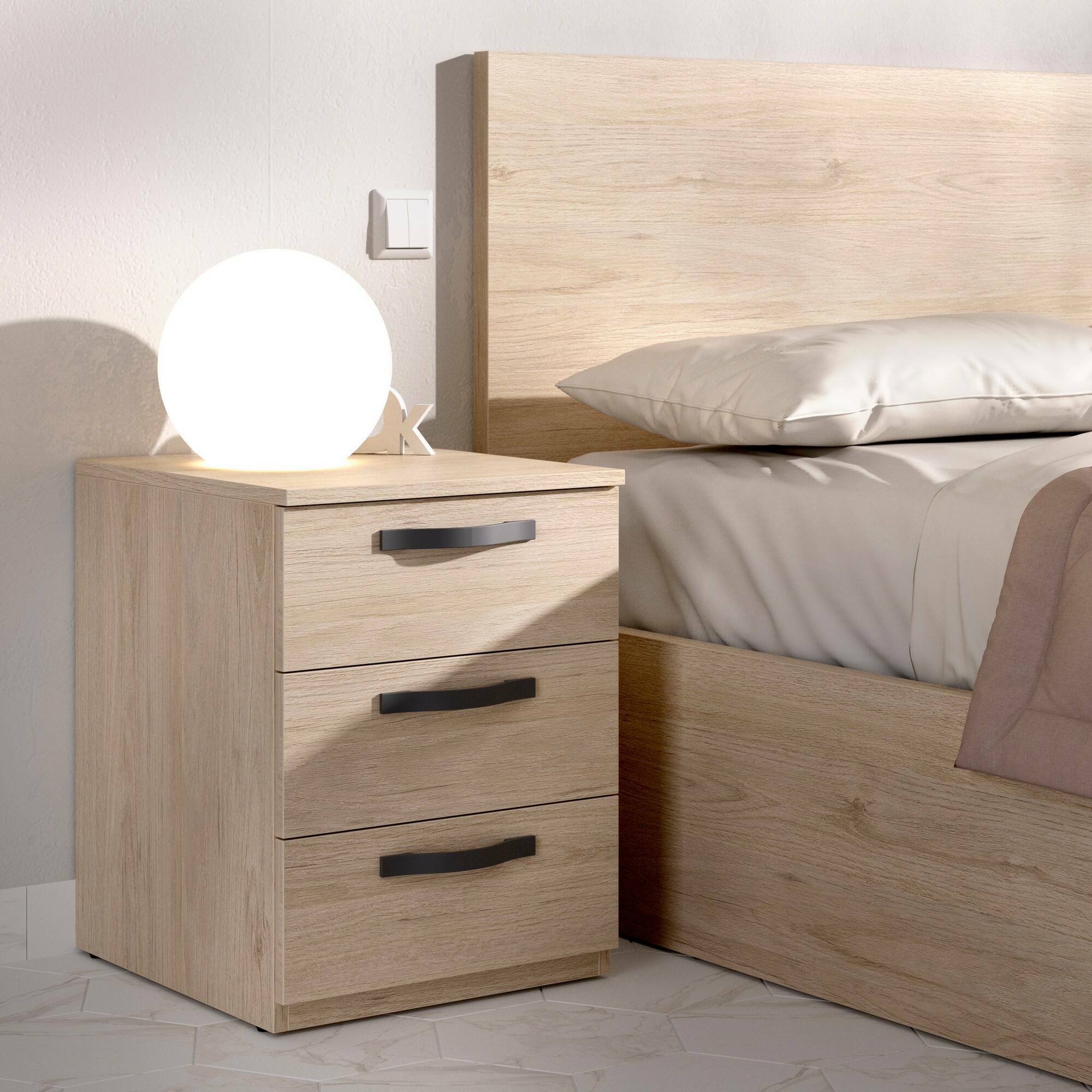 Comodino Dmagri, Tavolino da notte, Comò basso a 3 cassetti, 40x45h53 cm, Rovere