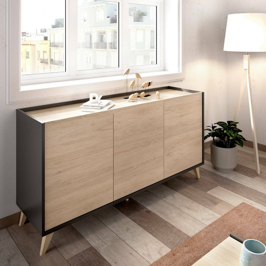 Credenza Afrodite, Buffet da soggiorno, Madia moderna da salotto a 3 ante, 155x43h75 cm, Rovere e Antracite