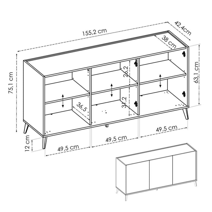Credenza Afrodite, Buffet da soggiorno, Madia moderna da salotto a 3 ante, 155x43h75 cm, Rovere e Bianco