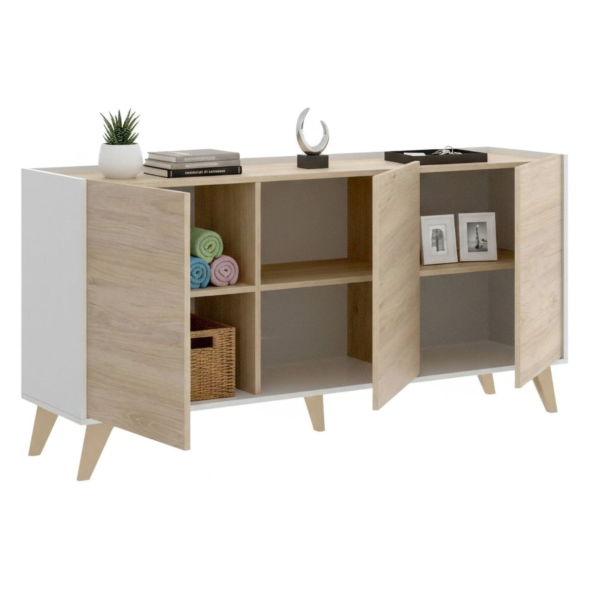Credenza Afrodite, Buffet da soggiorno, Madia moderna da salotto a 3 ante, 155x43h75 cm, Rovere e Bianco