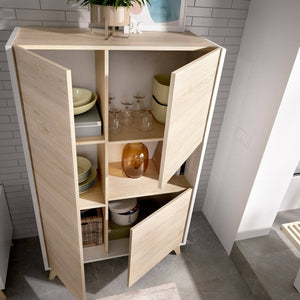 Credenza Crono, Buffet alto da soggiorno, Madia moderna da salotto a 3 ante, 81x43h135 cm, Rovere e Bianco