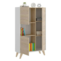 Credenza Crono, Buffet alto da soggiorno, Madia moderna da salotto a 3 ante, 81x43h135 cm, Rovere e Bianco