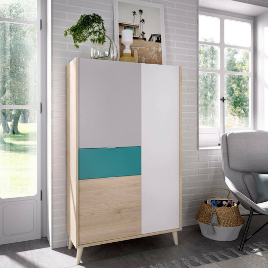 Credenza Archimede, Buffet dispensa da soggiorno, Madia moderna da salotto a 3 ante, 81x43h137 cm, Bianco e Rovere
