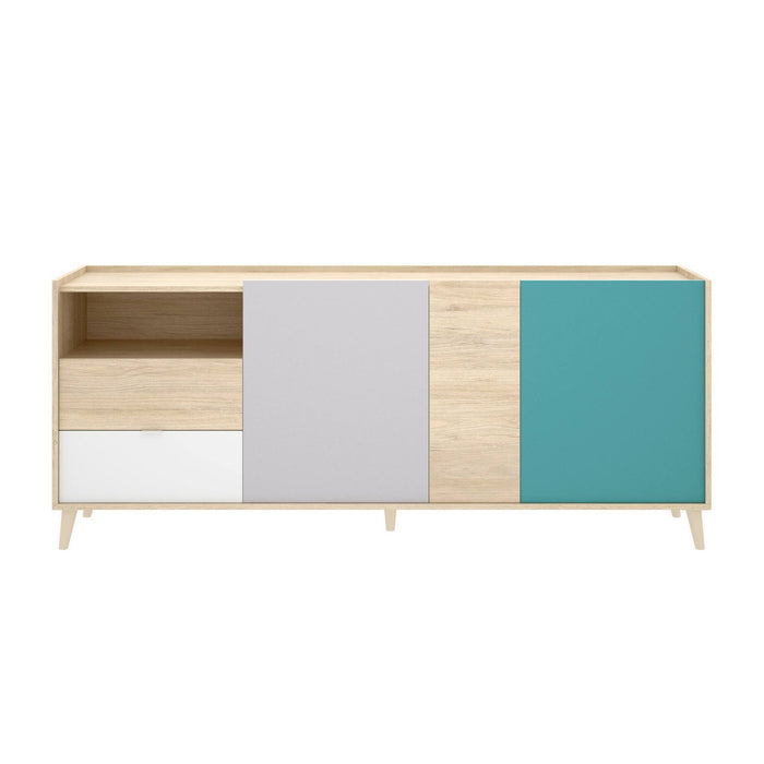 Credenza Allie, Buffet da soggiorno, Madia moderna da salotto a 3 ante, 180x43h75 cm, Rovere e Grigio