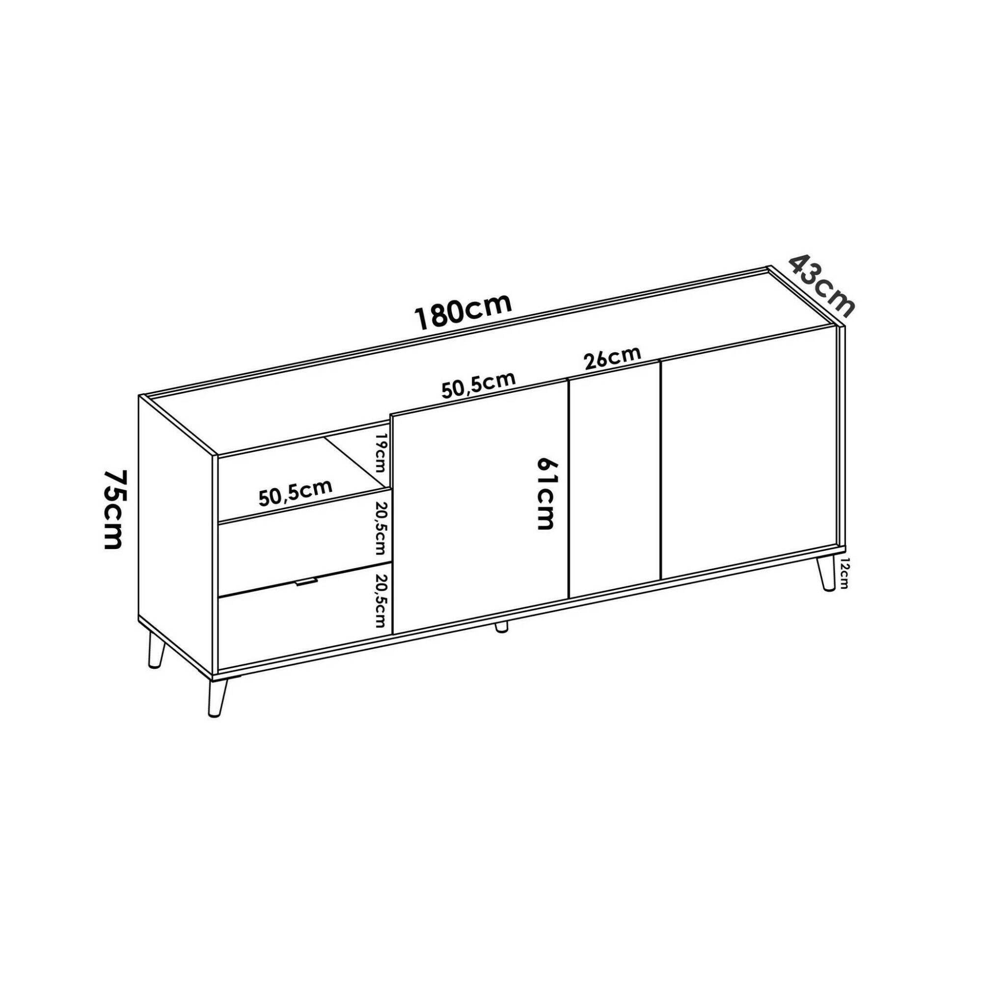Credenza Allie, Buffet da soggiorno, Madia moderna da salotto a 3 ante, 180x43h75 cm, Rovere e Grigio