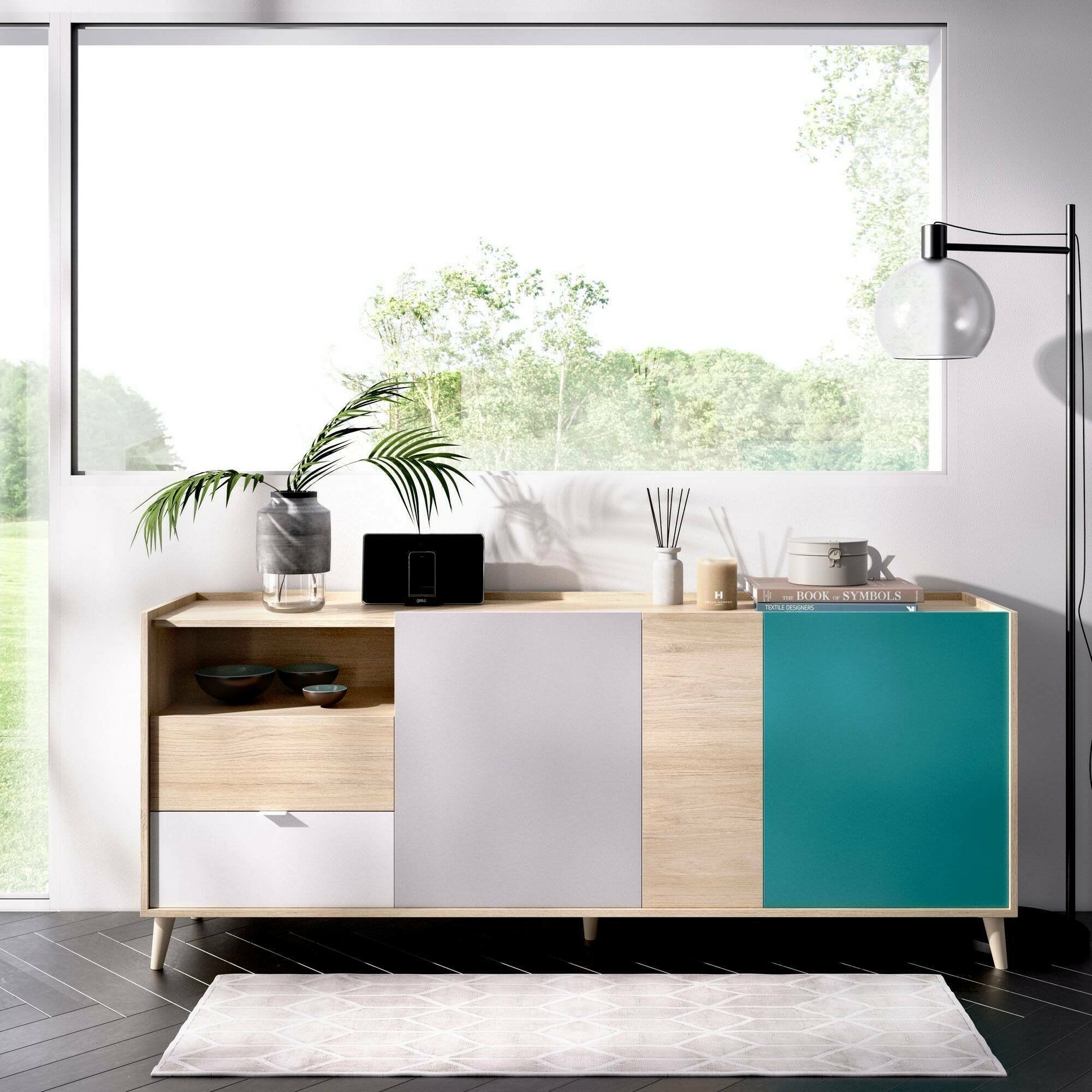 Credenza Allie, Buffet da soggiorno, Madia moderna da salotto a 3 ante, 180x43h75 cm, Rovere e Grigio