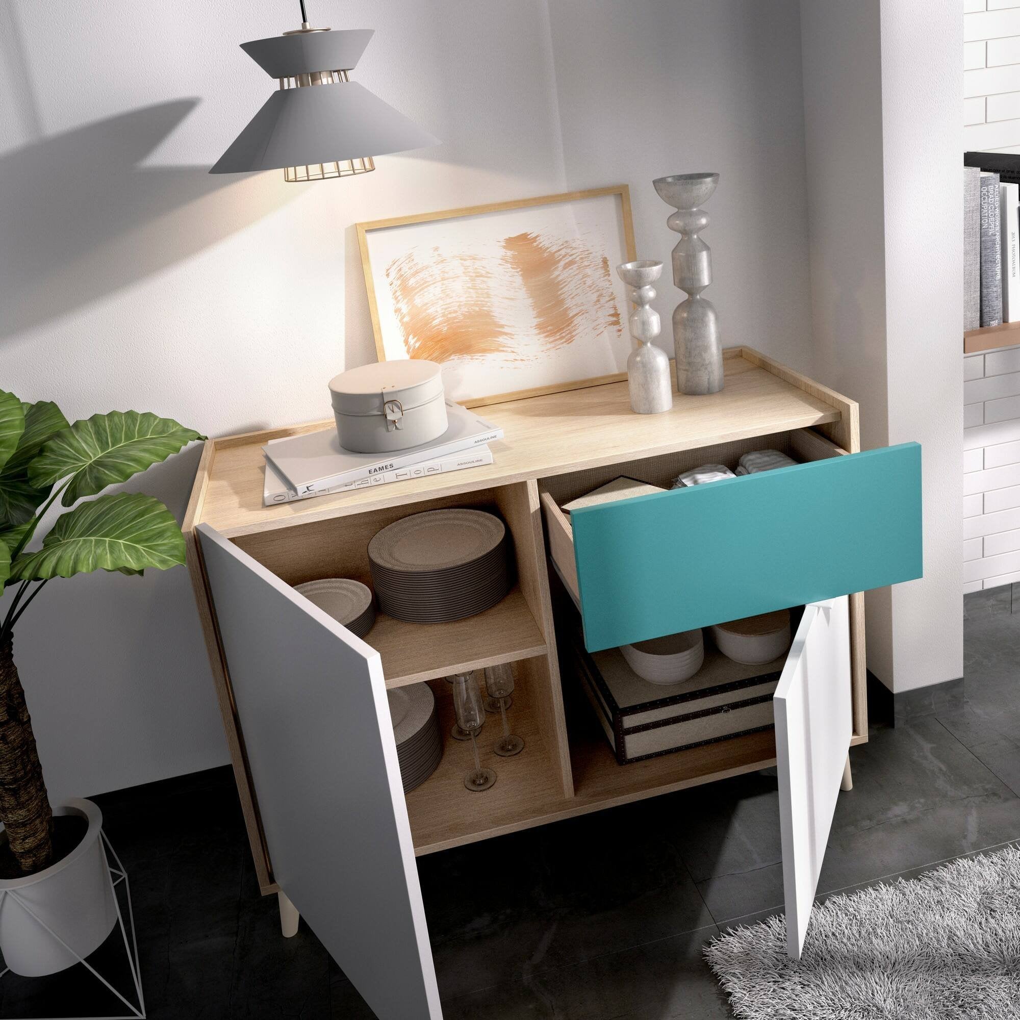 Credenza Ascot, Buffet da soggiorno, Madia moderna da salotto a 2 ante, 105x43h75 cm, Bianco e Rovere