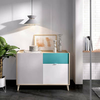 Credenza Ascot, Buffet da soggiorno, Madia moderna da salotto a 2 ante, 105x43h75 cm, Bianco e Rovere