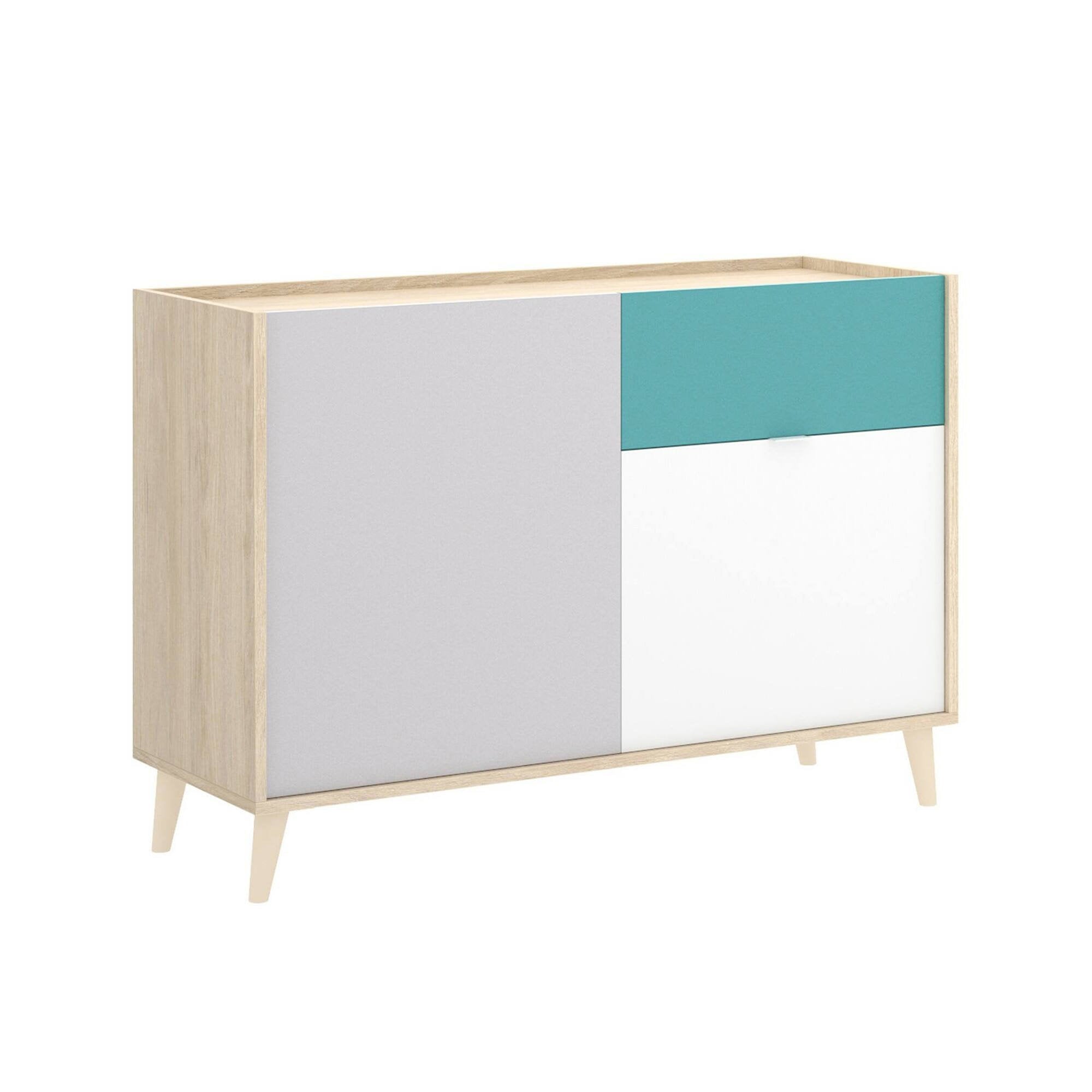 Credenza Ascot, Buffet da soggiorno, Madia moderna da salotto a 2 ante, 105x43h75 cm, Bianco e Rovere